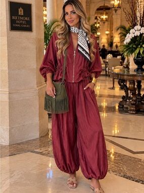 MADE IN ITALY Burgundy Wide-Leg Bomber Jacket Satin Pant Set